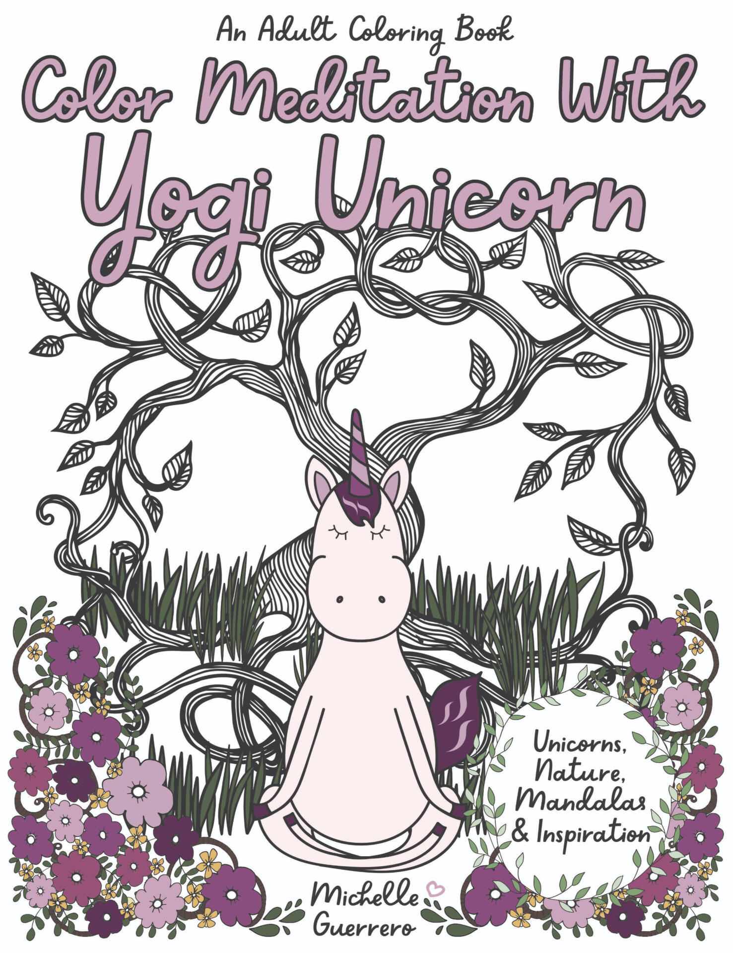 Image of Yoga Unicorn meditating in a bed of flowers..